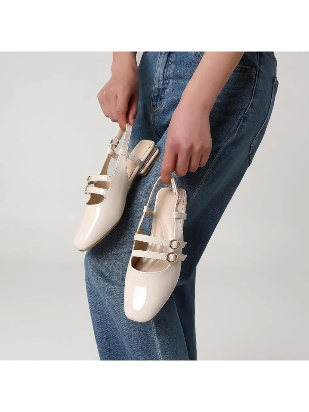 Women's Apricot Faux Leather Closed Square Toe Strap Slingback Low Heels Pumps